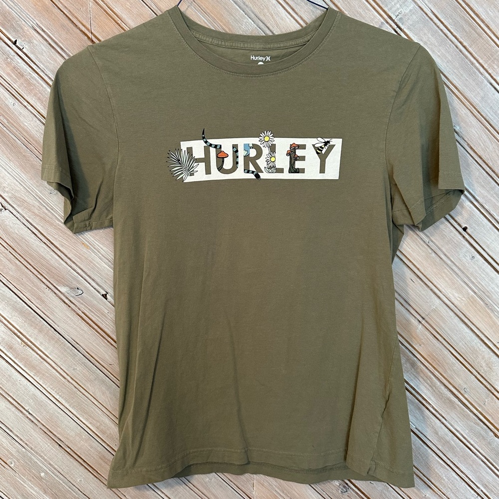 Hurley Khaki Green Outdoors Graphic Tee Mushroom Flowers Bee